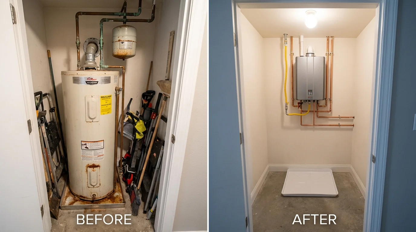 Tank water heater versus wall-mounted tankless unit comparison for De Soto, MO homeowners
