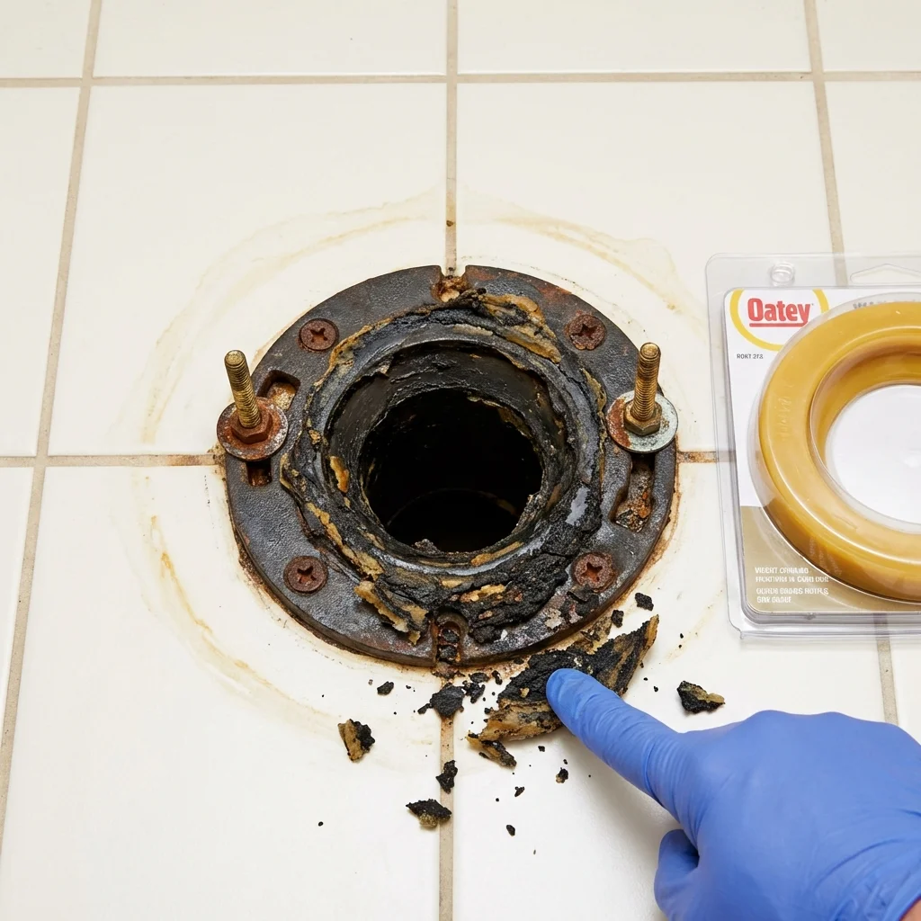 Failed wax ring showing water seepage at the base of a toilet in a De Soto, MO home