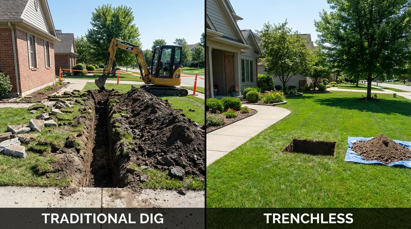 Trenchless sewer repair with minimal yard damage versus traditional excavation in De Soto, MO